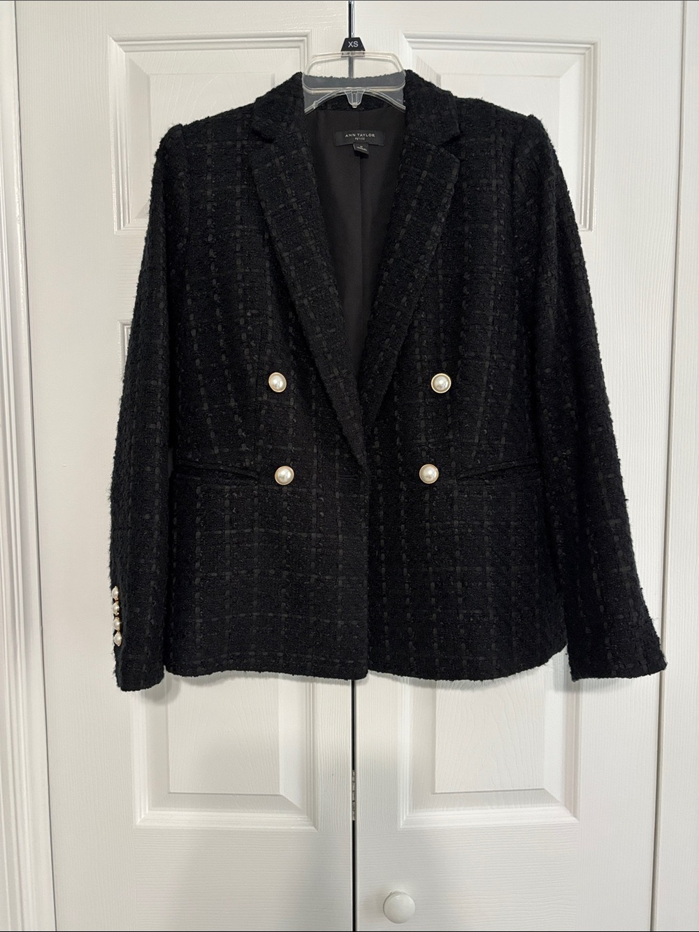 Ann Taylor Black Tweed Double-Breasted Blazer with Pearl-Style Buttons